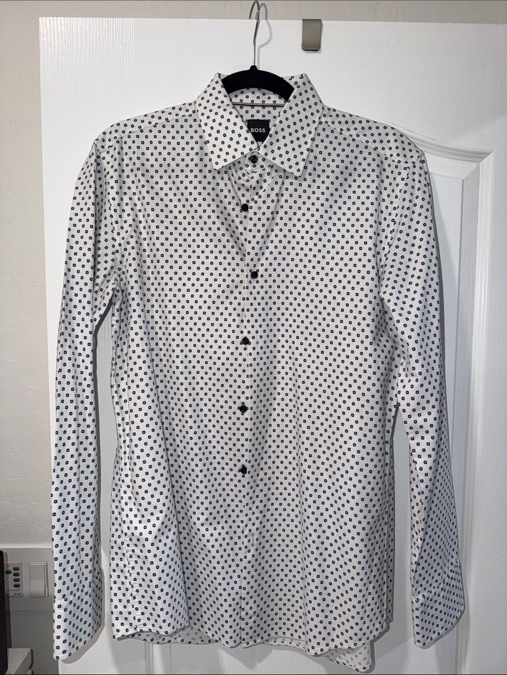 BOSS Men's White Dress Shirt with Navy Dot Print